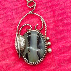 Sterling Silver Old Pawn 925 Necklace Pendant Southwest Moss Agate Oval Leaf 24″