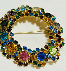 Vintage Multicolor Rhinestone Circle Brooch Pin Prong Set Gold Tone Setting