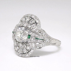 Art Deco Round Lab Created Diamond & Emerald Wedding 14K White Gold Plated Ring