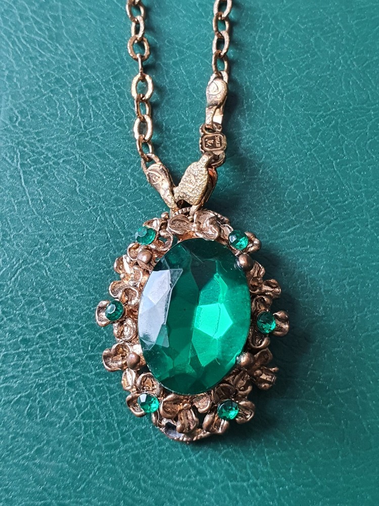Vintage Jewelry, Green Stones and Chain Pendant, Antique Jewelry, Made in USSR