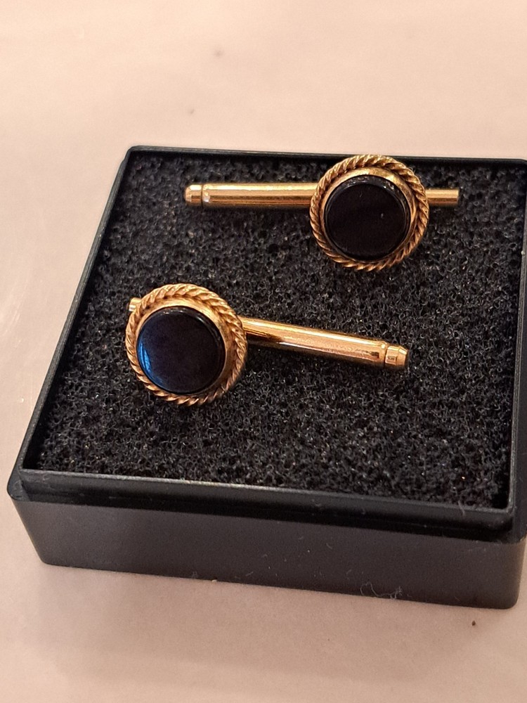 Antique Edwardian PAIR Cufflink Stud Button Onyx 14 K Gold
