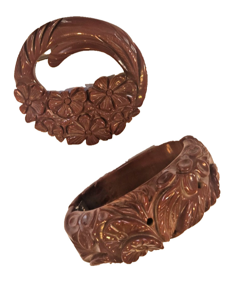Vtg Deeply Carved Maroon Red Bakelite Bangle Brooch Set Factory Holes 40s/50s