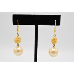 Vintage Pearl Drop Dangle Earrings Brushed Gold Beaded Ball Elegant 1980s BinU