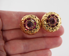 Nolan Miller Gold Tone Pink Crystals Clip Earrings Adjustable Tension, High End