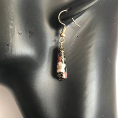 Vintage Pink Red Flower Cloisonne Earrings Black Enamel Gold Tone Taiwan Asian
