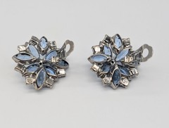 Blue Navette Rhinestone Bar Brooch And Clip On Earrings Open Back
