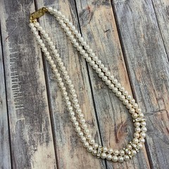 Vintage 80s faux pearl rhinestone double strand necklace in gold tone metal