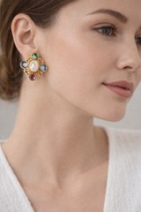 Lady Remington VTG Gold Tone Multicolor Crystal Pearl Clip Earrings 1” NOS Gift