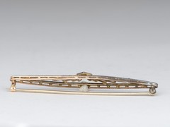 14K Gold Vintage Art Deco Filigree Bar Pin with Diamond Brooch Long Elongated