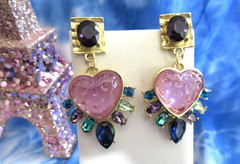 Vintage Style Gripoix PINK Heart Matte Gold Resin Heart Rhinestone Earrings NWT