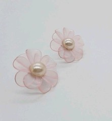 Pink Flower Earrings Pierced Faux Pearl Acrylic Silver tone Couture 1.25 in