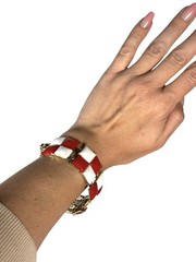 Vintage KRAMER NY Red & White Square Cabochon Checkers Link Bracelet Gold Tone