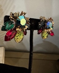 Gold Tone Fruit Salad Juliana Style Prong Rhinestones Brooch Clip Earrings Set
