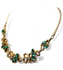Vintage Mid Century 1960’s Signed Barclay Green Glass Gold Tone Bib Necklace