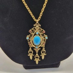 Vintage CELEBRITY Large Rhinestone Faux Turquoise Pendant Necklace GoldTone Boho