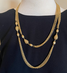 Vintage Long Gold Tone Multi Strand Chain Necklace Filigree Textured Balls 51″