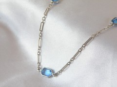Antique Sterling Silver 925 Blue Gemstone Station Vintage Paperclip Necklace 25″