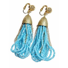 Vintage Turquoise Blue Seed Bead Tassel Clip On Earrings Gold Tone Boho 2.5″