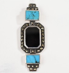 Sterling Silver Art Deco Turquoise Onyx Marcasite Pendant Necklace 18in 6.2g