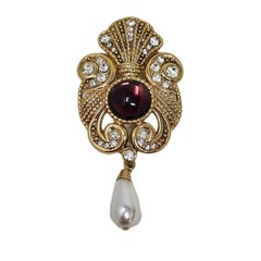 Jeff Lieb Purple Cabochon Gold Tone Brooch Pin Rhinestones Faux Pearl Drop VTG