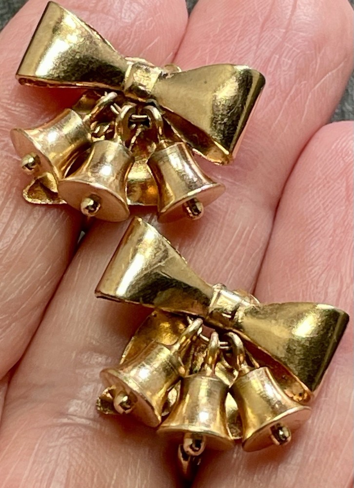 Vintage Brass Bow Bell Charm Dangle Screw Back Earrings