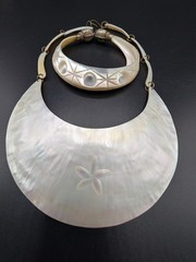 Vintage Carved Mother of Pearl Bib Necklace and Elephant Head Bangle Bracelet