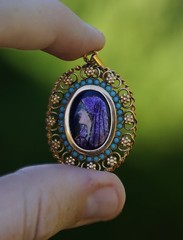 Antique 19k Solid Yellow Gold Filigree Enamel Cameo Turquoise Pendant Portugal