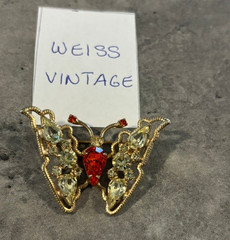 Vintage Signed Weiss Butterfly Brooch with Orange and Clear Rhinestone Pin