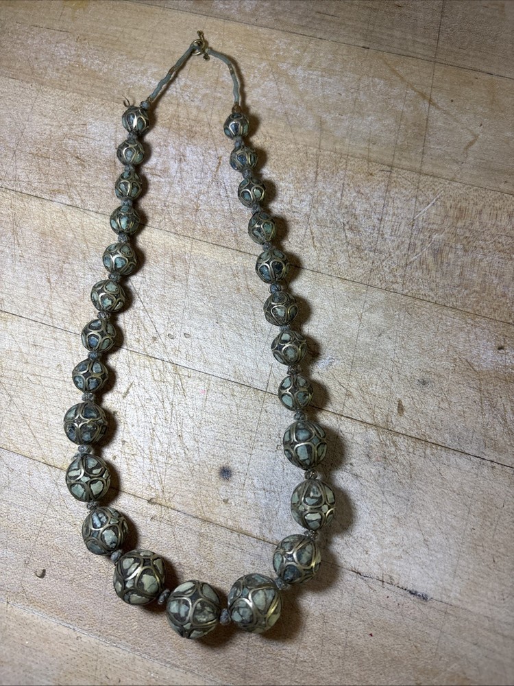 VTG PERSIAN MOSAIC INLAID TURQUOISE BALL BEAD sterling wrapped NECKLACE 18”