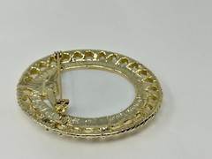 Vintage Goldtone Blue Flowers Floral Printed Milk Glass Inset Brooch Pin