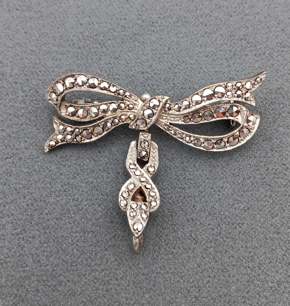 Vintage 800 Silver Marcasite Brooch Pin Watch Fob Pendant Signed 1.5″