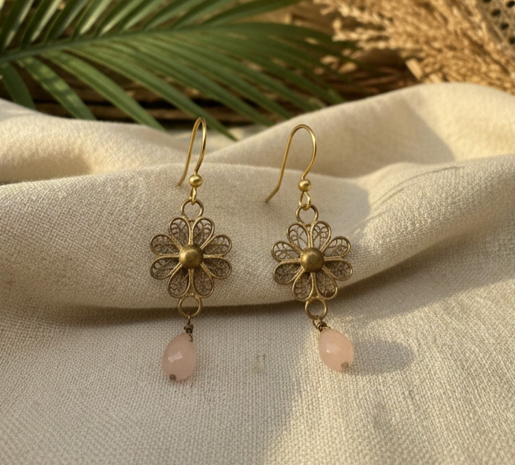 Copper Brass Filigree Daisy Earrings w/ Moonstone – Roost – 1¾”