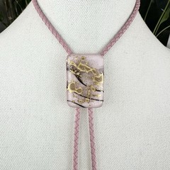 Stunning Vintage Pink And Gold Fused Glass Western Bolo Tie