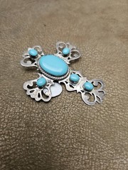 W R Sterling Silver Turquoise Cross Brooch 5 Oval Stones old pawn Indian jewlery