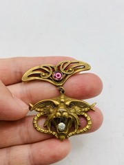 Antique Vintage Art Nouveau Gothic Gargoyle Griffin Crystal Gold Tone Pendant