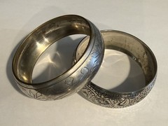 LOT OF 2 VINTAGE ETCHED SILVER PLATED PEWTER WIDE BANGLE BRACELETS