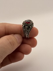 Vintage 925 Sterling Silver Red Glass Cabochon Statement Ring Size 8.5