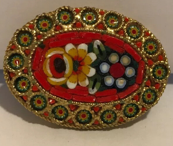 Very Nice Colorful Micro Mosaic Pin, Flowers Leaves Red Green Yellow Blue White