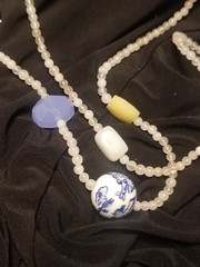 Asian Chinoiserie Bead Necklace & Yellow, Green,White Jade/jadeite, 35″sterling