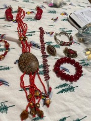 lot of red rubiesand red beads silver bracelet necklace with wood earings plasti