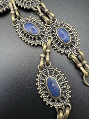 Vintage Lapis Lazuli Afghan Tribal Boho Brass Pendant Necklace & Earring Set