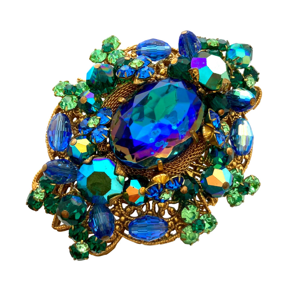 Vintage High-end Haskell Style Watermelon Art Glass Rhinestone Filigree Brooch