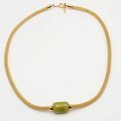 Crown Trifari Mesh Choker Necklace Lime Green Lucite Fixed Barrel Pendant 15 in
