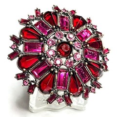 VTG Large Flower Snowflake Brooch Pin Red Fuchsia Pink Purple Glass Rhinestones