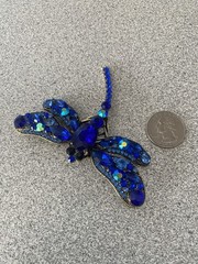 Vintage Gold Tone & Blue Rhinestone 3.5” Wingspan Dragonfly Pin In ExCondition
