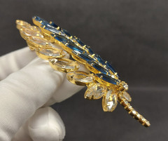 Juliana D&E DeLizza Elster Feather Leaf Brooch Blue Navette Clear Rhinestones 4′