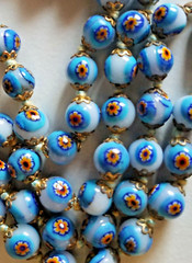 Vintage Murano Millefiori Glass Bead Necklace 28″ Long Venetian Blue Flower