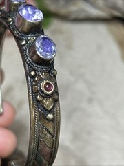53. Vintage Nepal Mix Metal Triple Amethyst Garnet Cuff Bracelet 7″, 37g