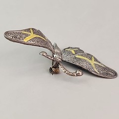 Vintage Butterfly Brooch Spain Textured Silver Tone Faux Damascene 3D Pin 2 5/8″