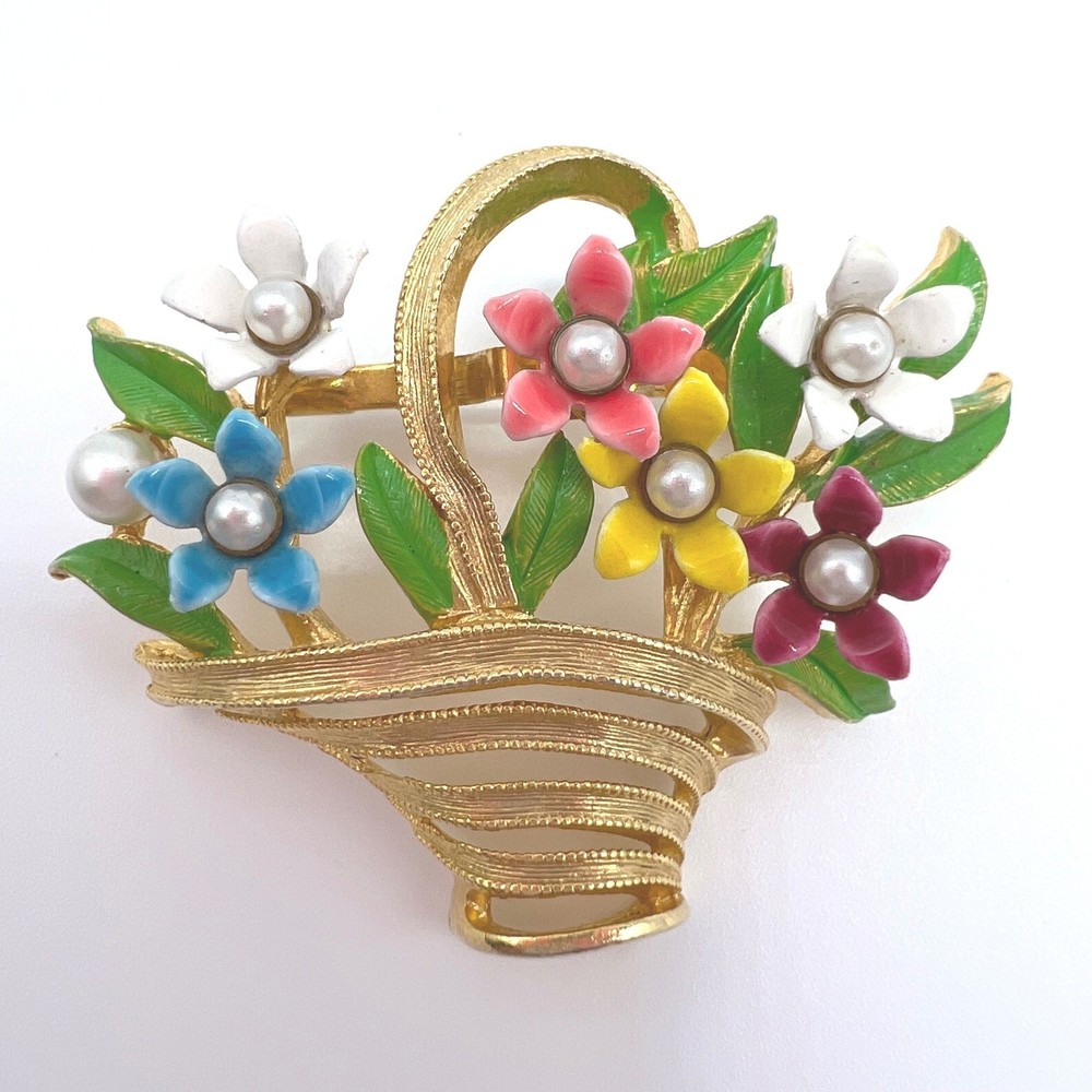 Vintage Flower Basket Brooch Gold Tone Enamel Faux Pearl Multi Color Floral Pin